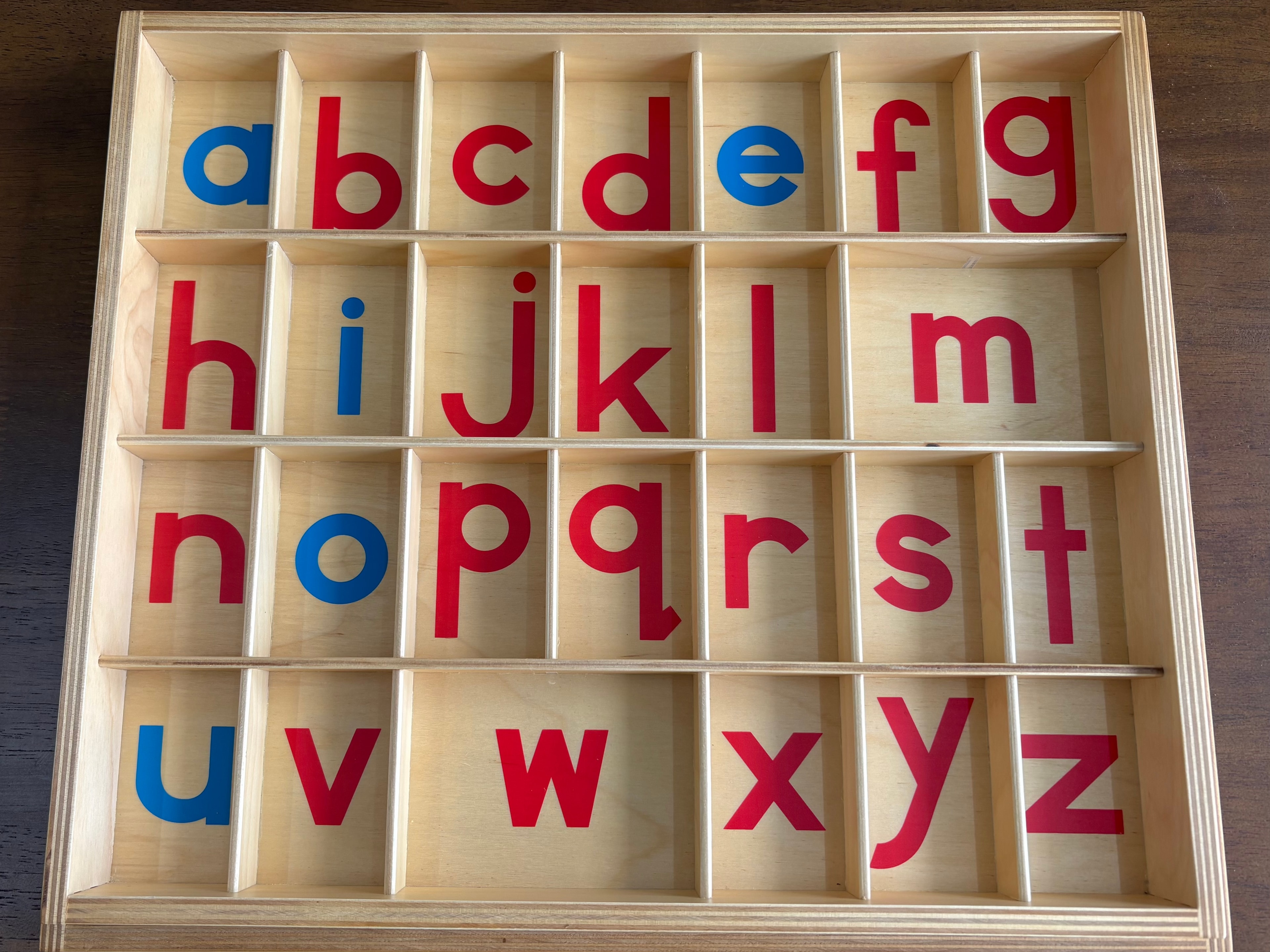 Wooden Montessori Movable Alphabet box with empty compartments arranged in rows